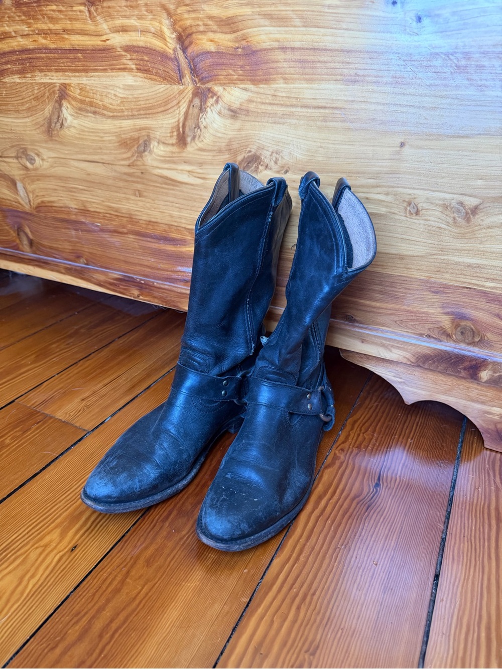 Frye Black Leather Harness Combat/Moto Boots